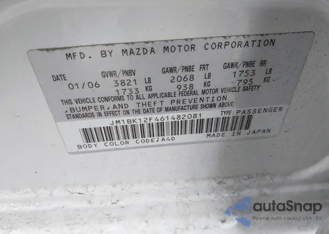 2006 Mazda Mazda3 I из США, поврежденный, VIN JM1BK12F461482081